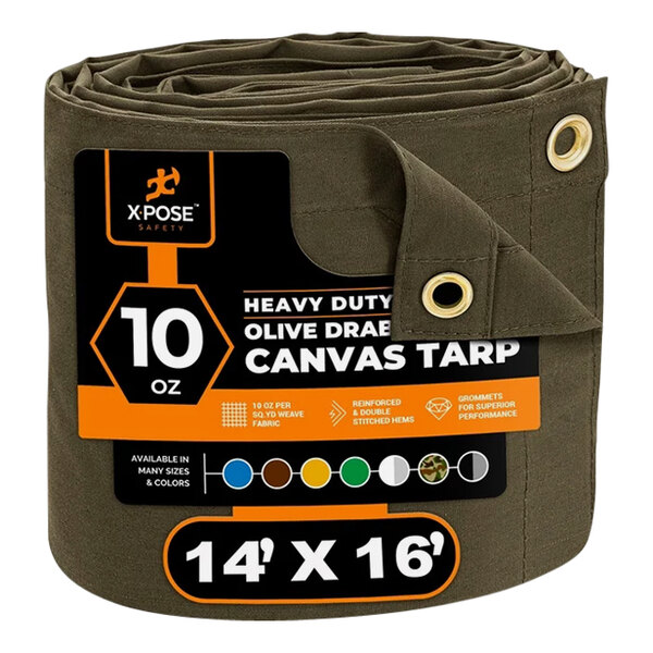 Xpose Safety 14' x 16' Olive Drab Heavy-Duty Weatherproof 10 oz. Poly Canvas Tarp CTOD10-1416