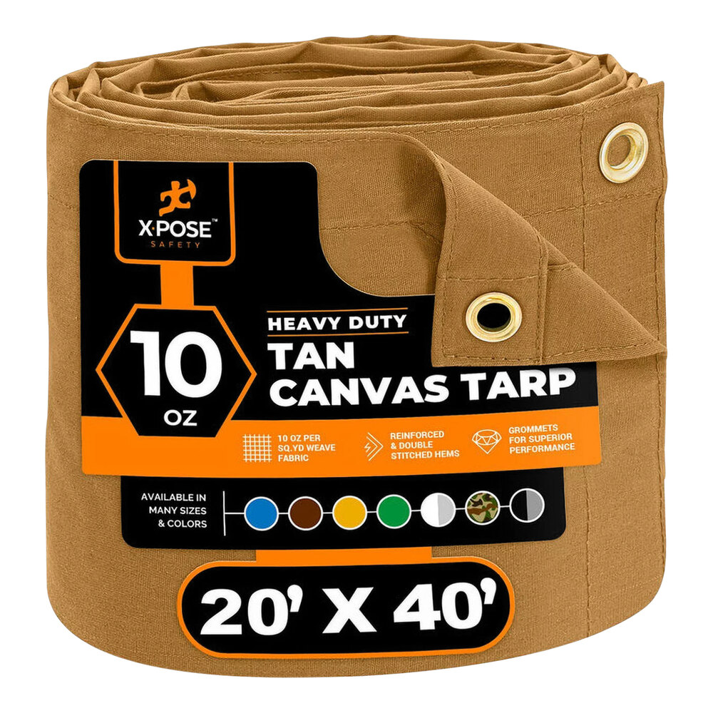 Xpose Safety 20' x 40' Tan Heavy-Duty Weatherproof 10 oz. Poly Canvas Tarp CTT10-2040