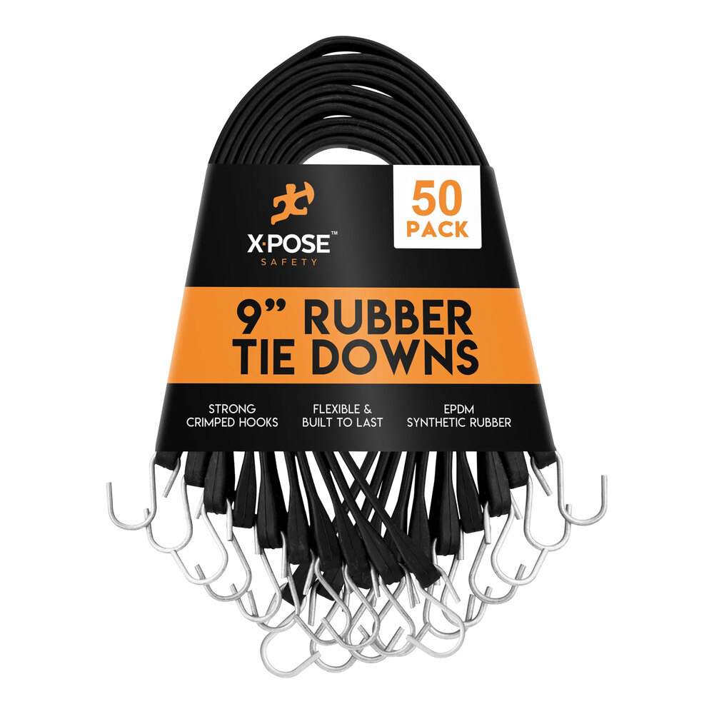 Xpose Safety 9" Black Heavy-Duty Natural Rubber Tie Down Bungee Cords with Hooks TS-9-50 - 50/Pack