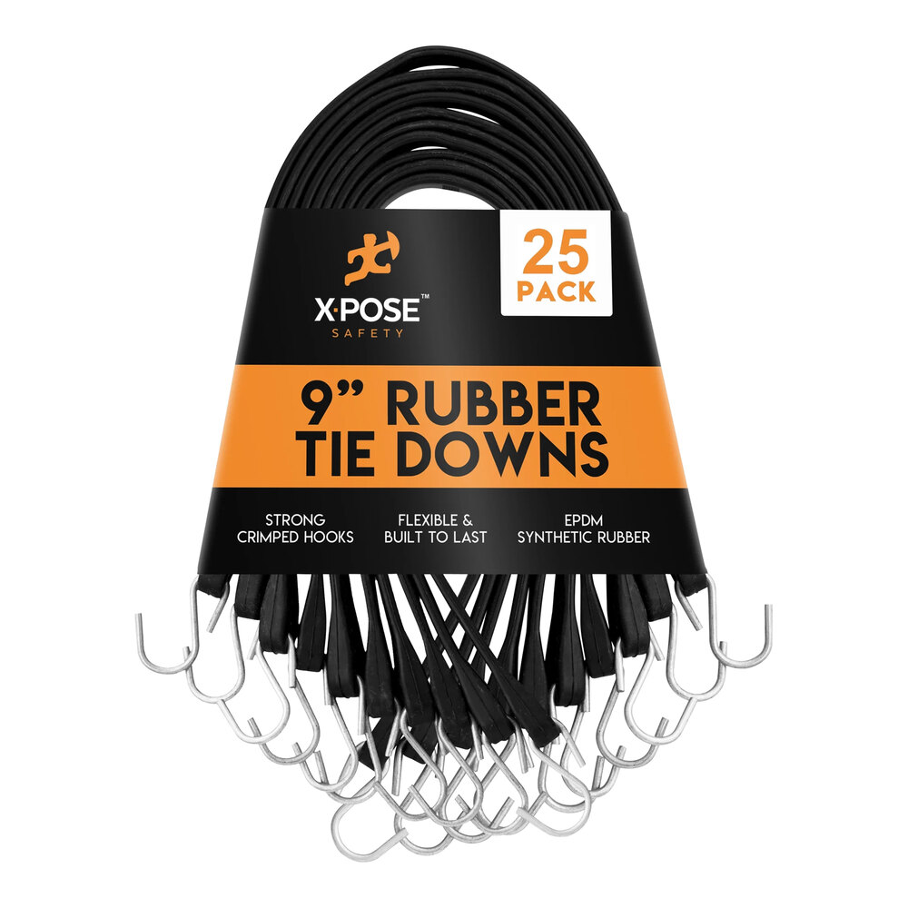 Xpose Safety 9" Black Heavy-Duty Natural Rubber Tie Down Bungee Cords with Hooks TS-9-25 - 25/Pack