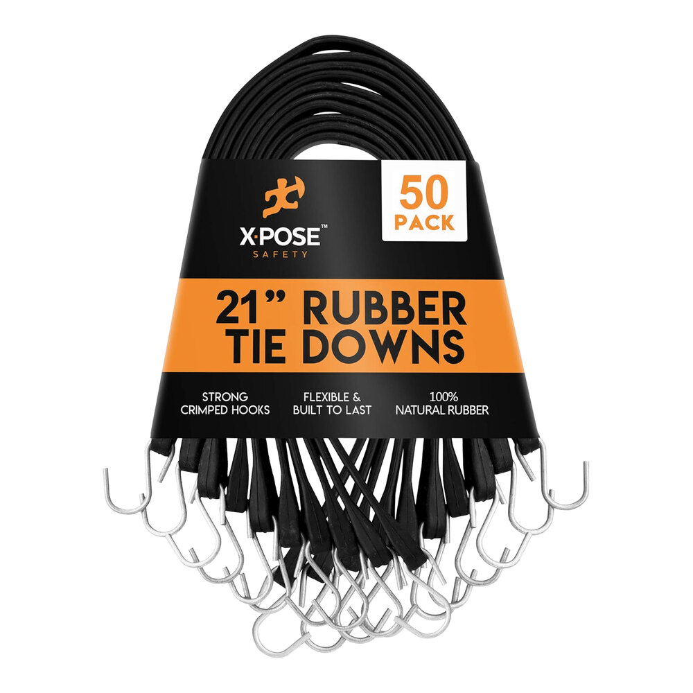 Xpose Safety 21" Black Heavy-Duty Natural Rubber Tie Down Bungee Cords with Hooks TS-21-50 - 50/Pack