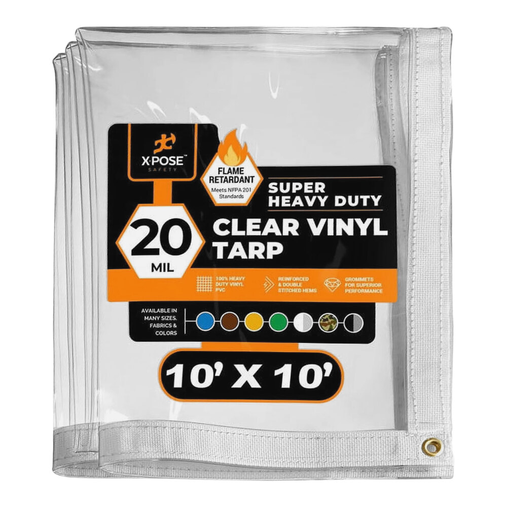 Xpose Safety 10' x 10' Clear Super Heavy-Duty Weatherproof Fire-Retardant 20 Mil PVC Vinyl Tarp CVTFR-1010