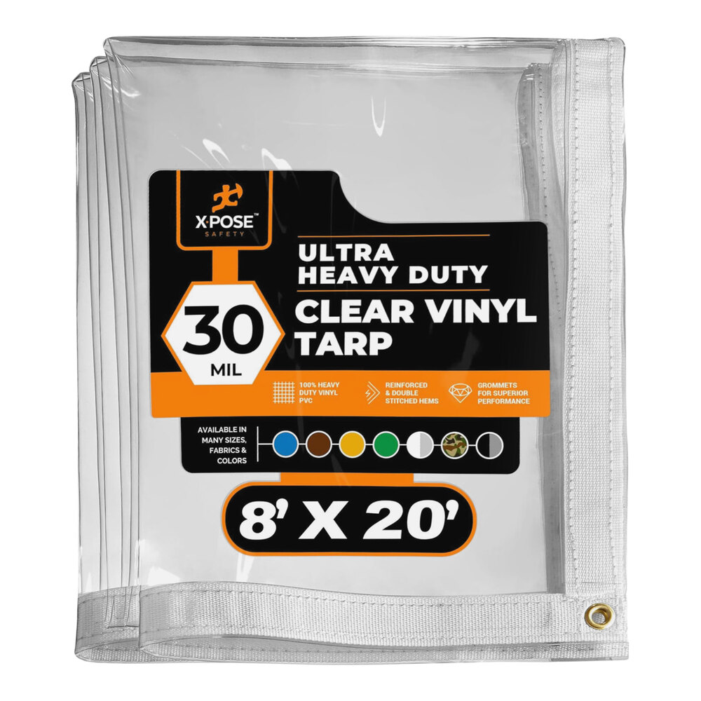 Xpose Safety 8' x 20' Clear Super Heavy-Duty Weatherproof 30 Mil PVC Vinyl Tarp CVT30-820