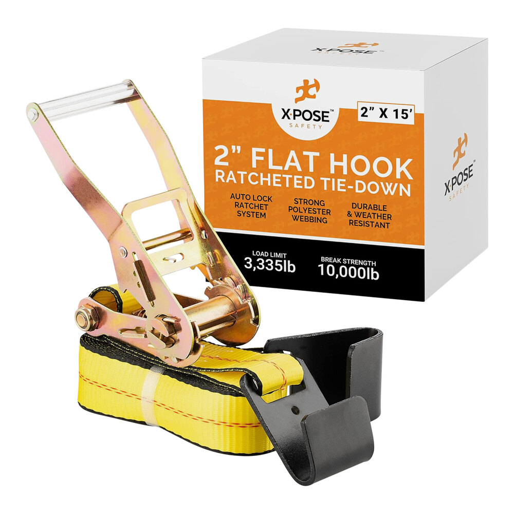 Xpose Safety 2" x 15' Yellow Heavy-Duty Ratcheting Tie Down Straps with Flat Hooks RTD215-FH-1-X