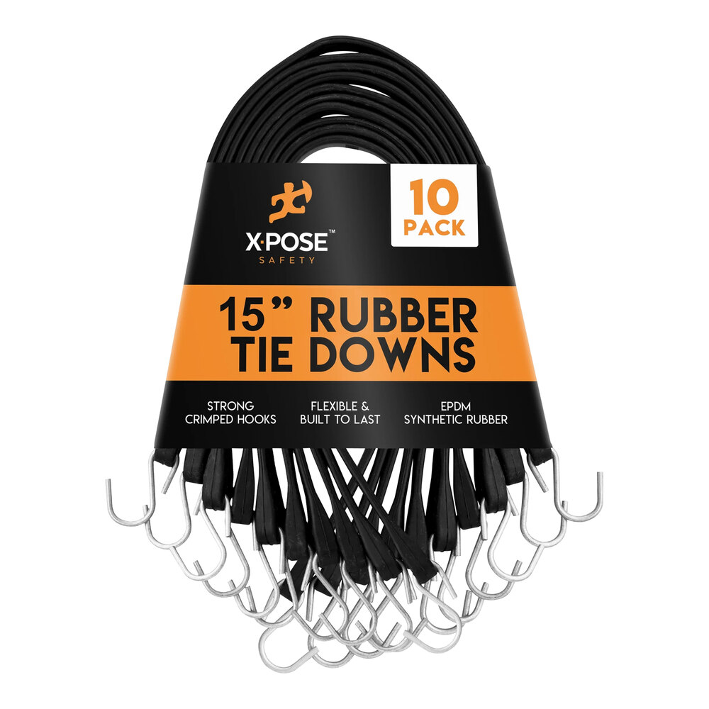 Xpose Safety 15" Black Heavy-Duty Natural Rubber Tie Down Bungee Cords with Hooks TS-15-10 - 10/Pack