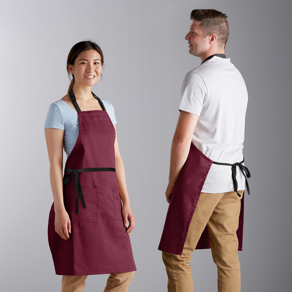 Choice Burgundy Poly-Cotton Adjustable Bib Apron with 2 Pockets and Black Webbing Accents - 32" x 30"