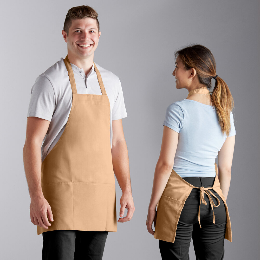 Choice Khaki Poly-Cotton Front of House Bib Apron with 3 Pockets - 25" x 28"