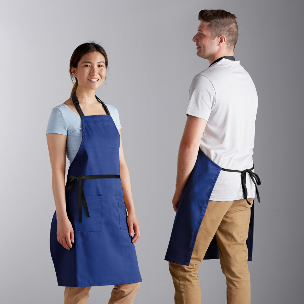 Choice Royal Blue Poly-Cotton Adjustable Bib Apron with 2 Pockets and Black Webbing Accents - 32" x 30"