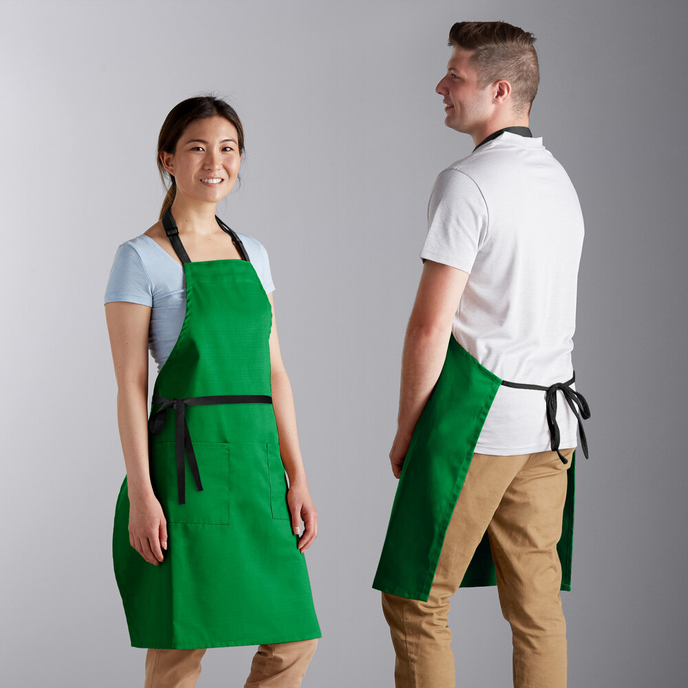 Choice Kelly Green Poly-Cotton Adjustable Bib Apron with 2 Pockets and Black Webbing Accents - 32" x 30"