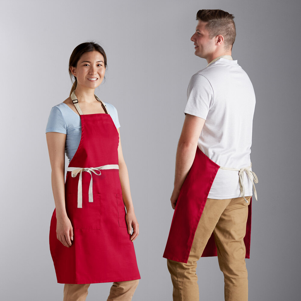 Choice Red Poly-Cotton Adjustable Bib Apron with 2 Pockets and Natural Webbing Accents - 32" x 30"