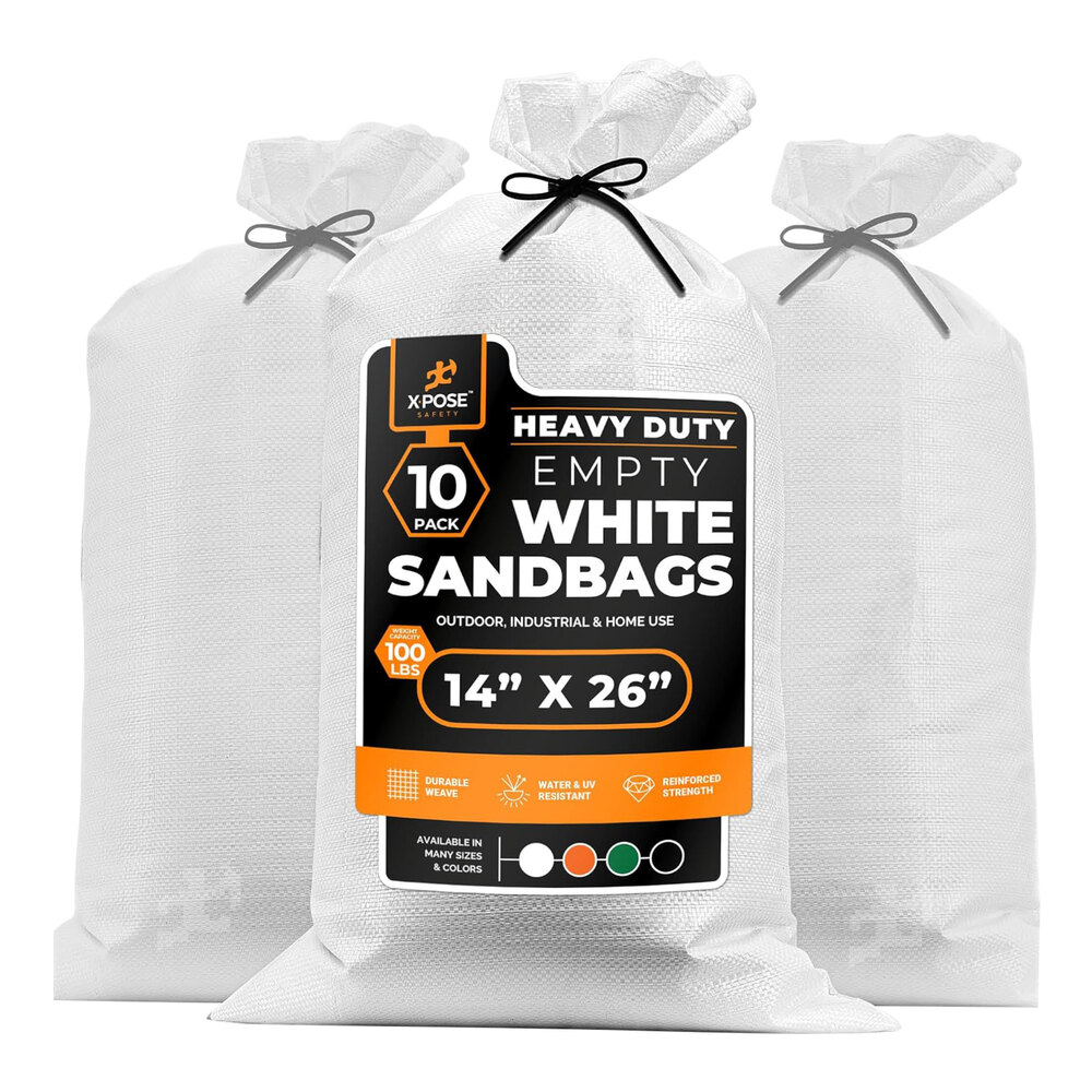 Xpose Safety 14" x 26" White Heavy-Duty Military Grade Reusable Woven Polypropylene Sandbags SBW-HVY-1426-10-X - 100 lb. Capacity - 10/Pack