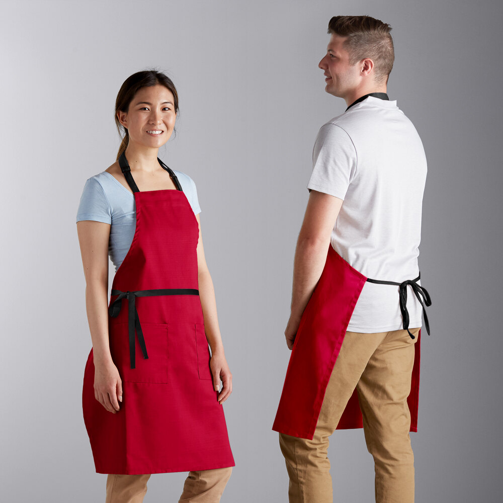 Choice Red Poly-Cotton Adjustable Bib Apron with 2 Pockets and Black Webbing Accents - 32" x 30"