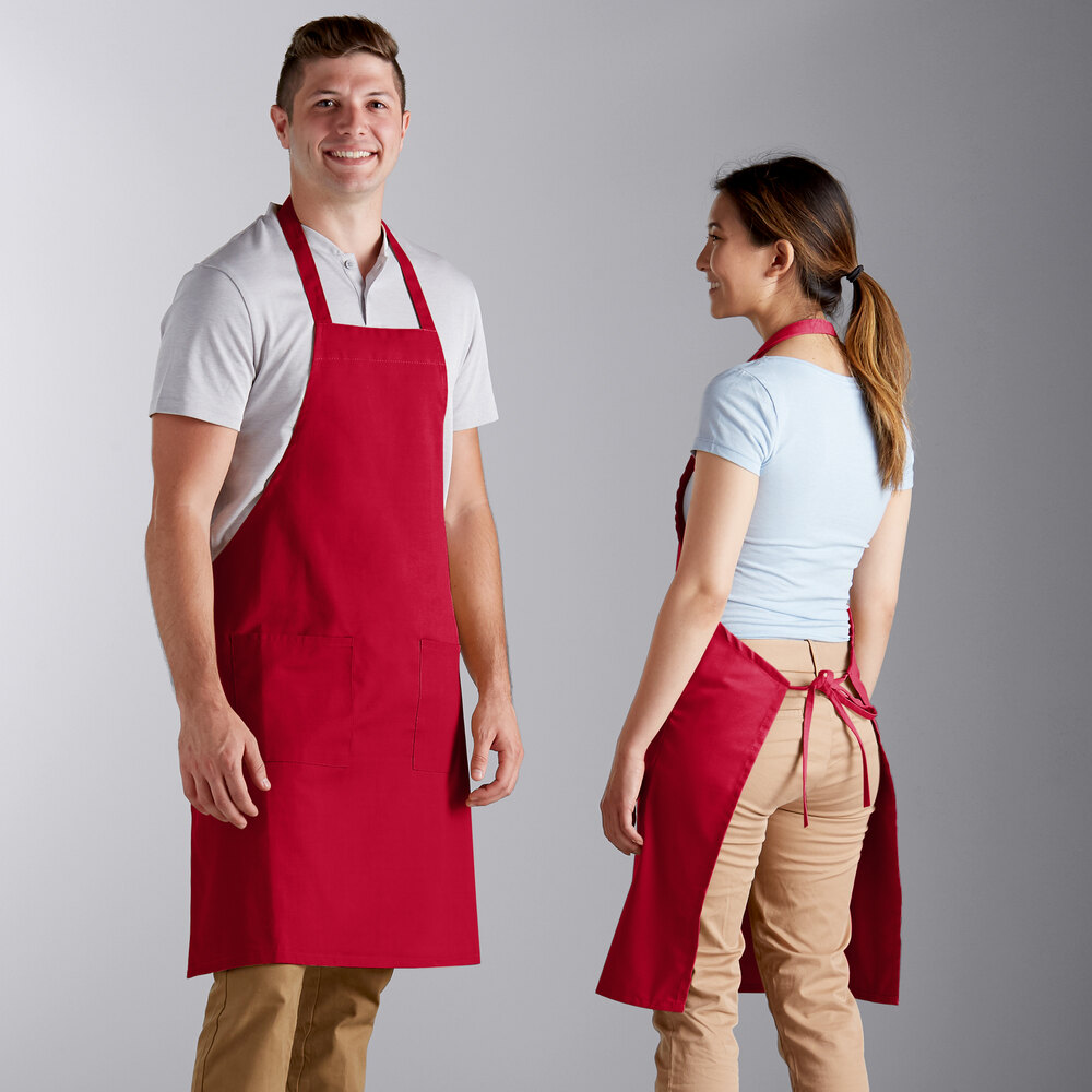 Choice Red Poly-Cotton Standard Bib Apron with 2 Pockets - 34" x 30"