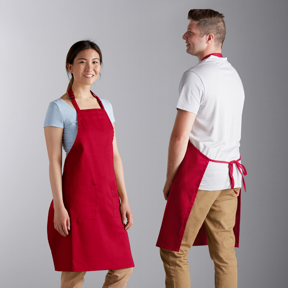 Choice Red Poly-Cotton Adjustable Bib Apron with 2 Pockets - 32" x 30"