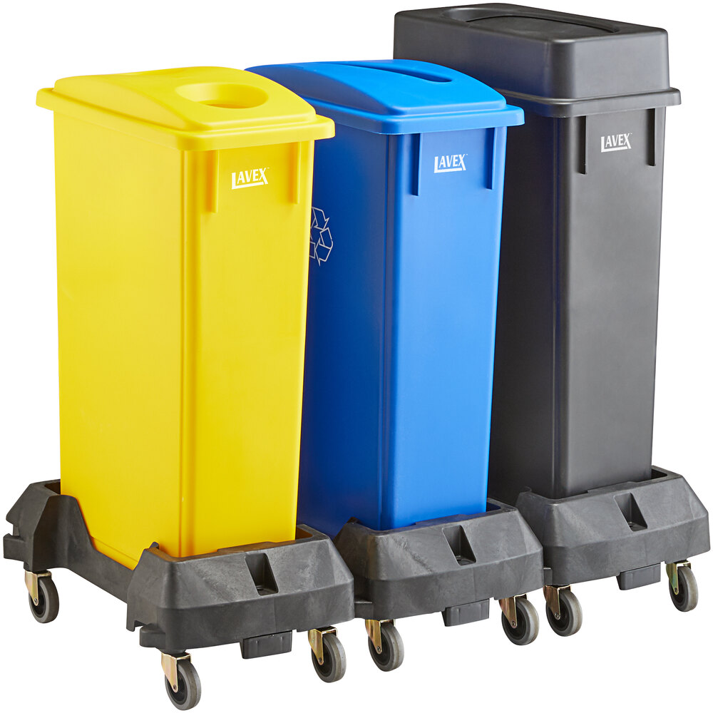 Lavex 69 Gallon 3-Stream Slim Rectangular Mobile Recycle Station with Black Drop Shot, Blue Paper Slot, and Yellow Bottle / Can Lids