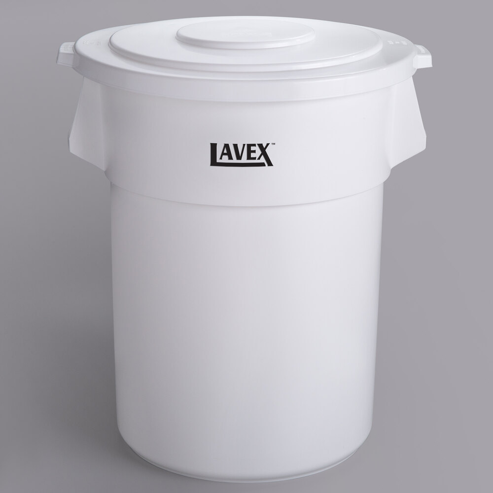 Lavex 55 Gallon White Round Commercial Trash Can and Lid