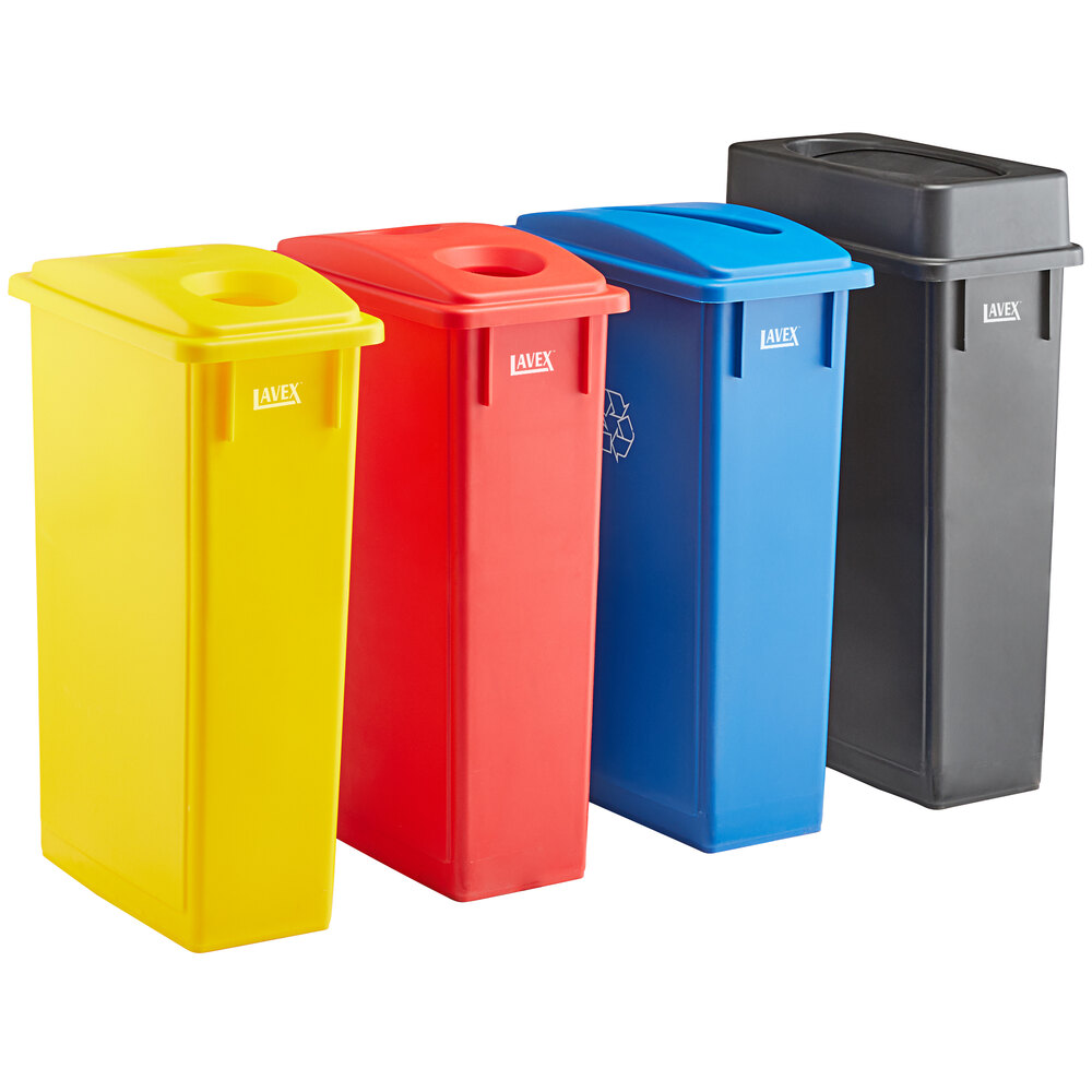 Lavex 92 Gallon 4-Stream Slim Rectangular Recycle Station with Black Drop Shot, Blue Paper Slot, Red Bottle / Can, and Yellow Bottle / Can Lids