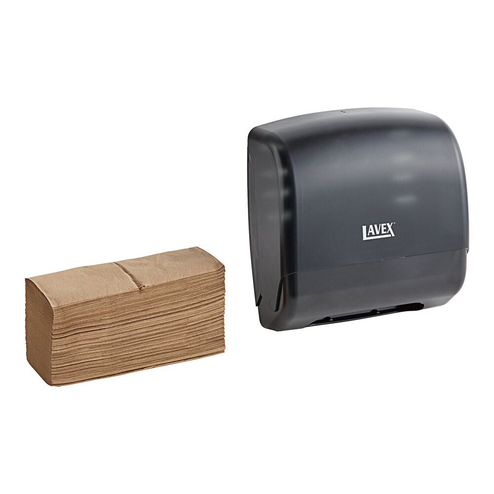 Lavex Translucent Black Mini C-Fold / Multifold Paper Towel Dispenser with 4,000 Kraft M-Fold Paper Towels
