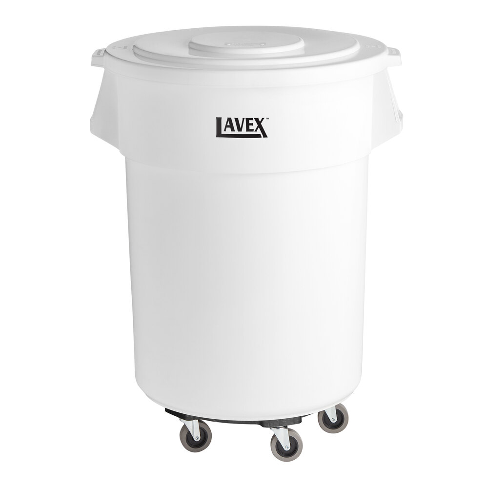 Lavex 55 Gallon White Round Commercial Trash Can with Lid and Dolly