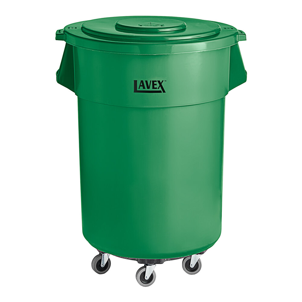 Lavex 55 Gallon Green Round Commercial Trash Can with Lid and Dolly