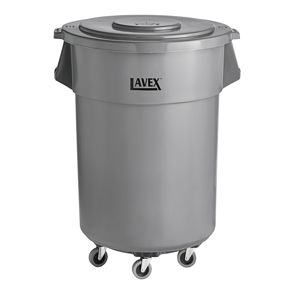 Lavex 55 Gallon Gray Round Commercial Trash Can with Lid and Dolly