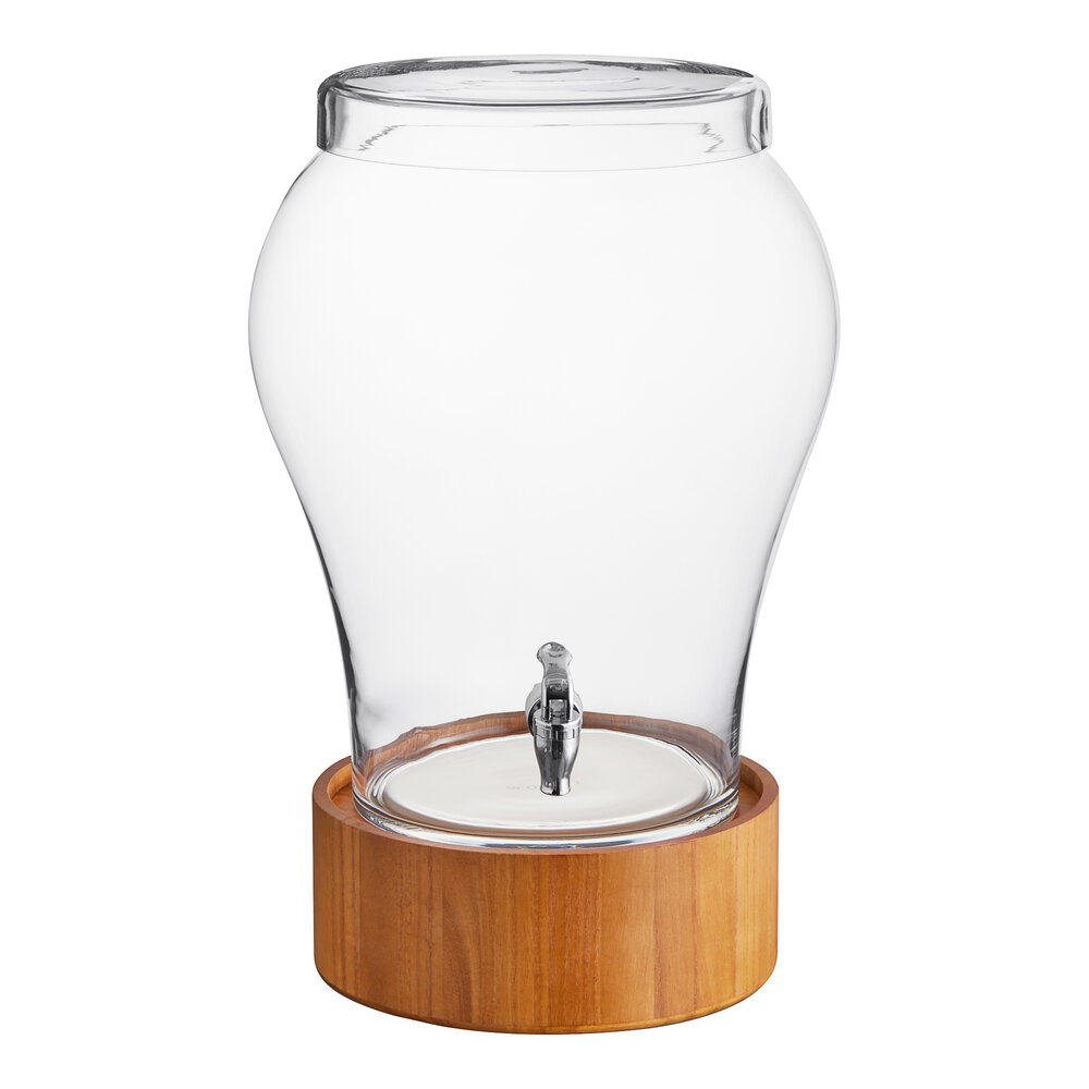 Acopa 5 Gallon Curved Glass Beverage Dispenser with Glass Lid and Wood Base