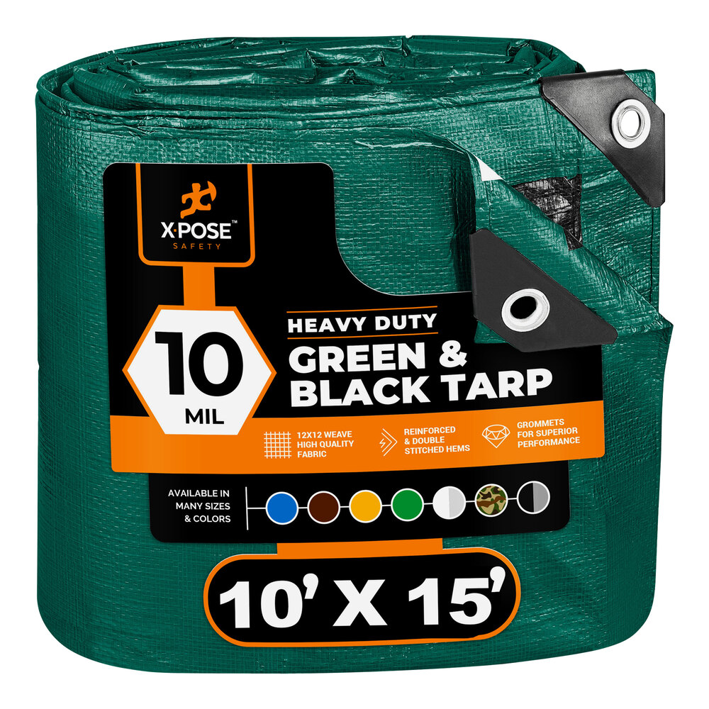 Xpose Safety 10' x 15' Green / Black Heavy-Duty Weatherproof 10 Mil Multipurpose Polyethylene Tarp MTGB-1015-X
