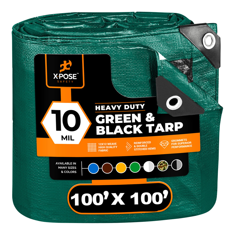 Xpose Safety 100' x 100' Green / Black Heavy-Duty Weatherproof 10 Mil Multipurpose Polyethylene Tarp MTGB-100100-X