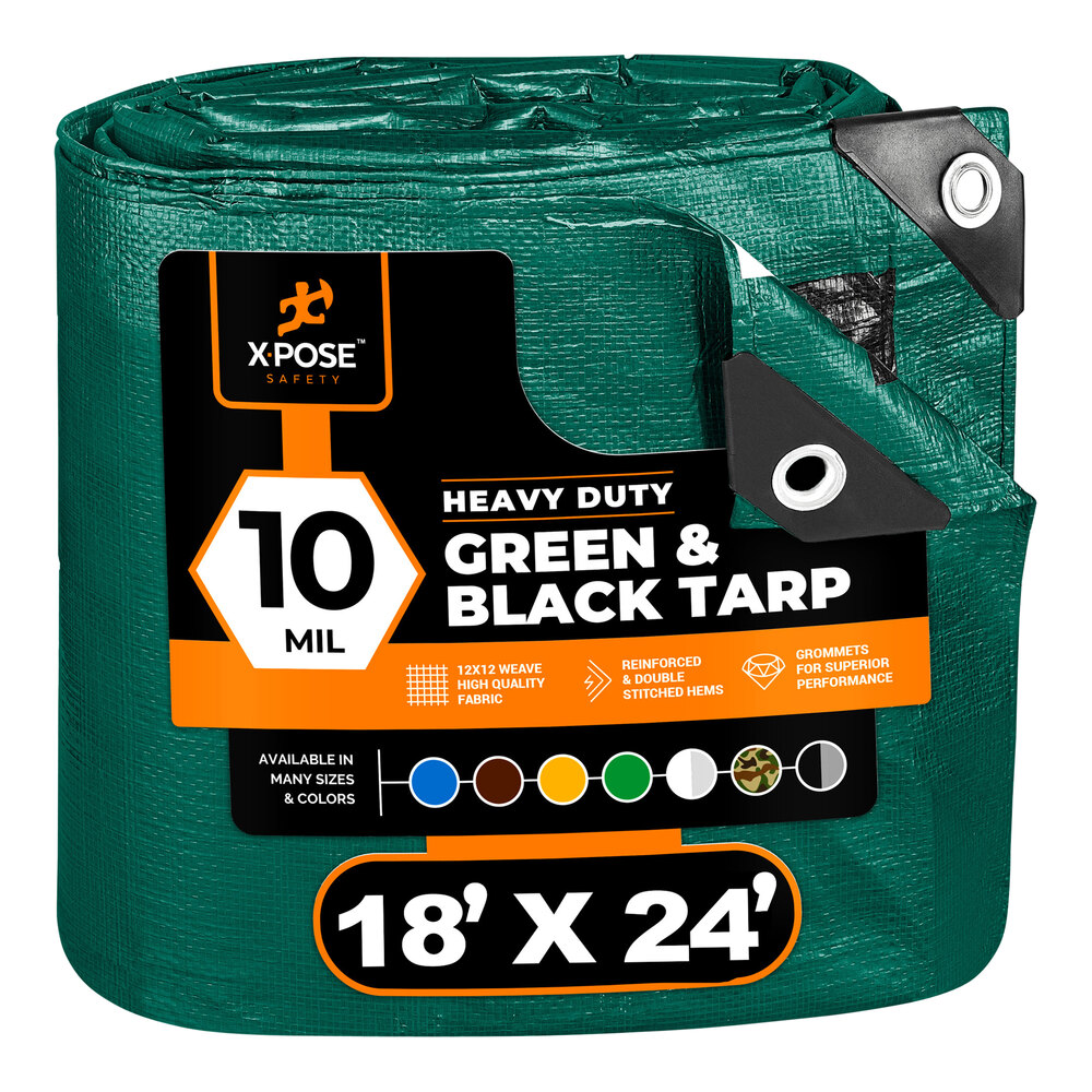 Xpose Safety 18' x 24' Green / Black Heavy-Duty Weatherproof 10 Mil Multipurpose Polyethylene Tarp MTGB-1824-X