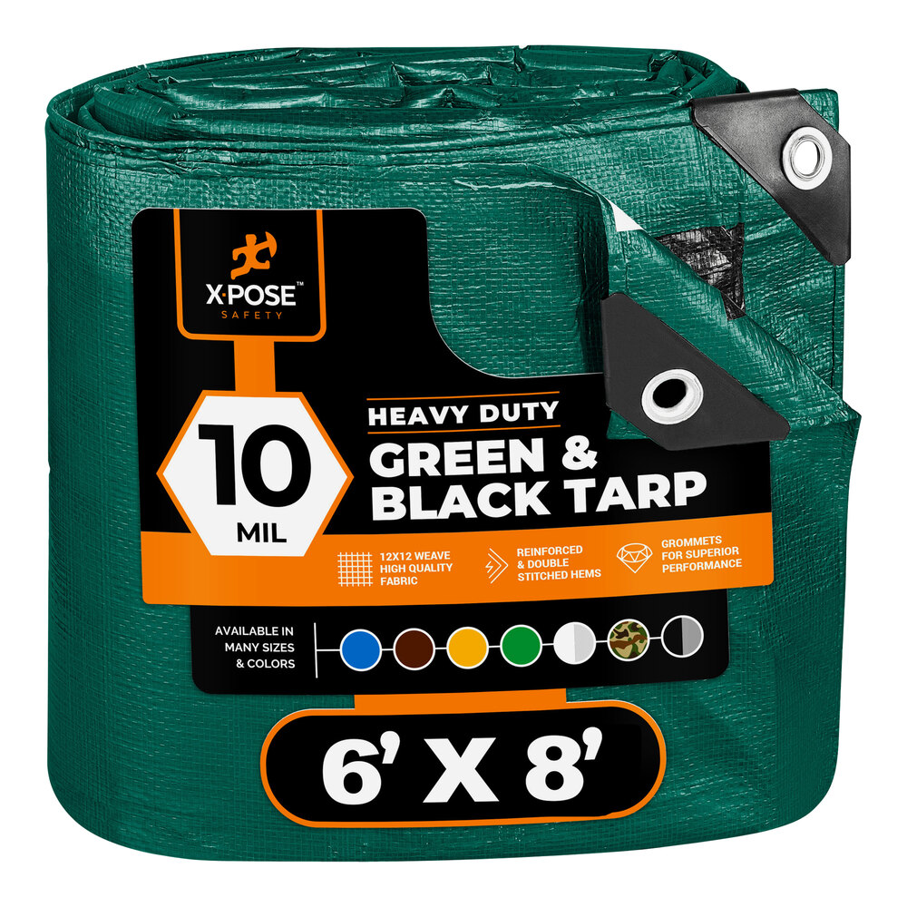 Xpose Safety 6' x 8' Green / Black Heavy-Duty Weatherproof 10 Mil Multipurpose Polyethylene Tarp MTGB-68-X