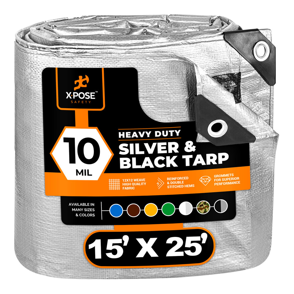 Xpose Safety 15' x 25' Silver / Black Heavy-Duty Weatherproof 10 Mil Multipurpose Polyethylene Tarp STH-1525-X
