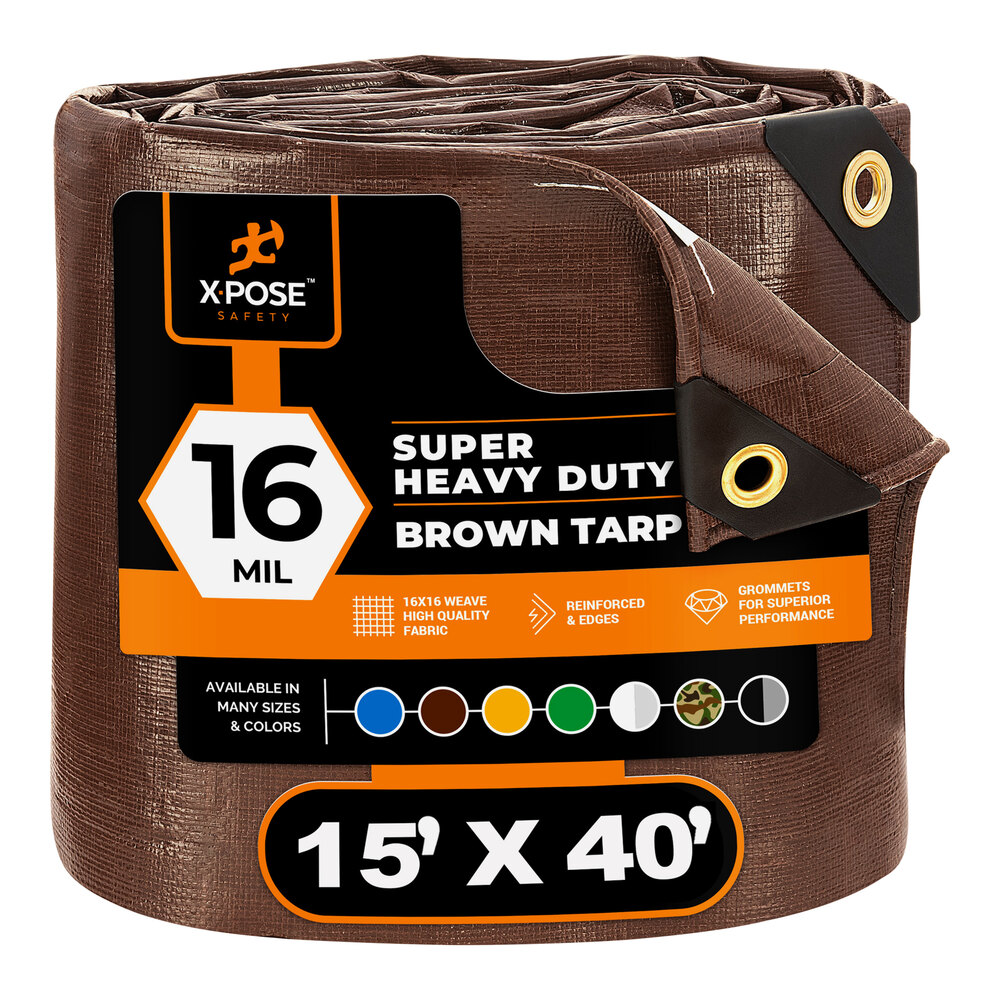Xpose Safety 15' x 40' Brown Super Heavy-Duty Weatherproof 16 Mil Polyethylene Tarp BHD-1540-A