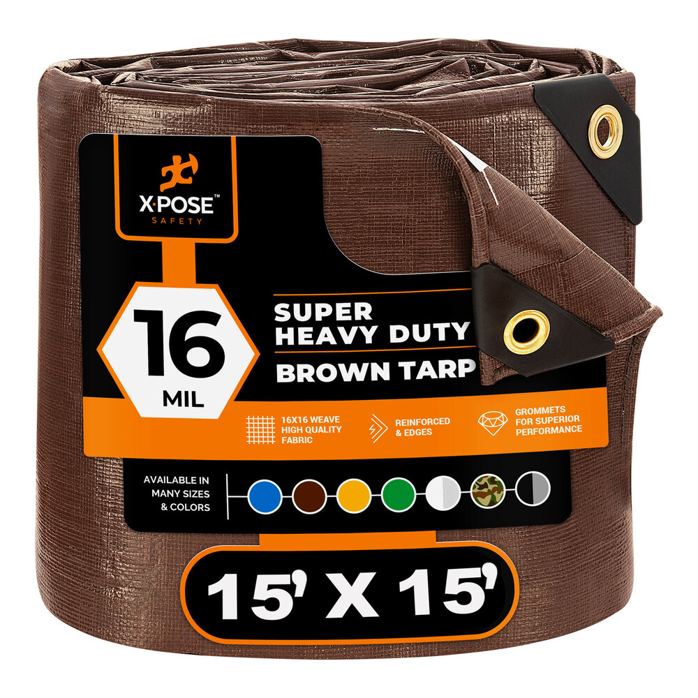 Xpose Safety 15' x 15' Brown Super Heavy-Duty Weatherproof 16 Mil Polyethylene Tarp BHD-1515-A