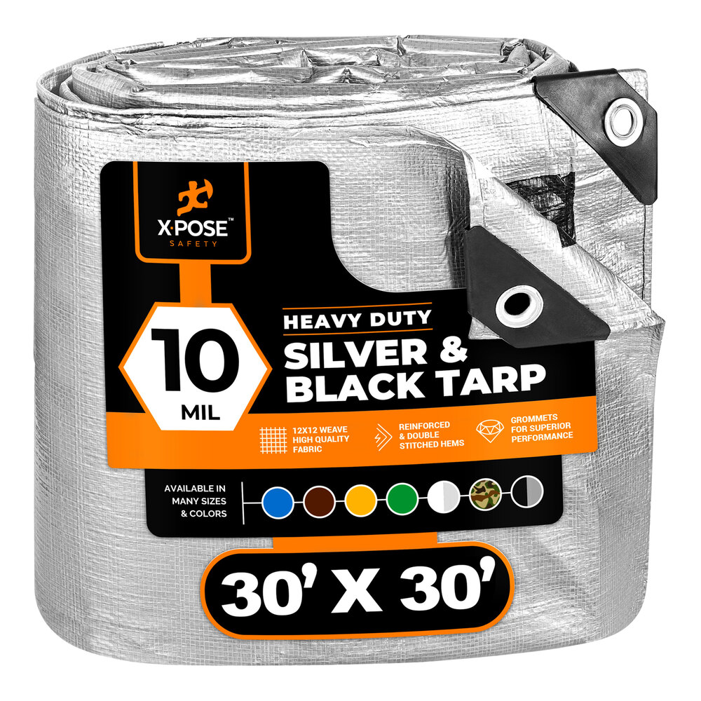 Xpose Safety 30' x 30' Silver / Black Heavy-Duty Weatherproof 10 Mil Multipurpose Polyethylene Tarp STH-3030-X