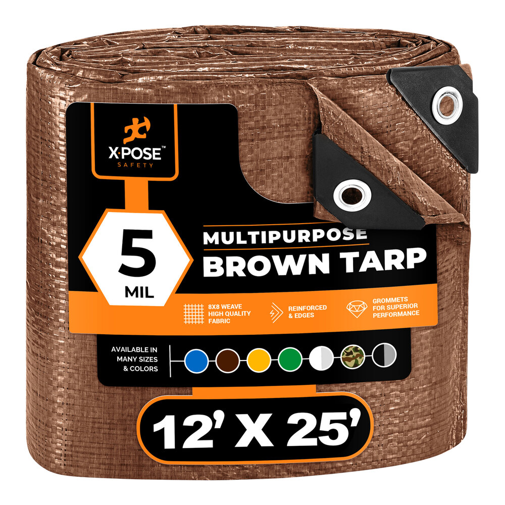 Xpose Safety 12' x 25' Brown Weather-Resistant 5 Mil Multipurpose Polyethylene Tarp BRT-1225-X
