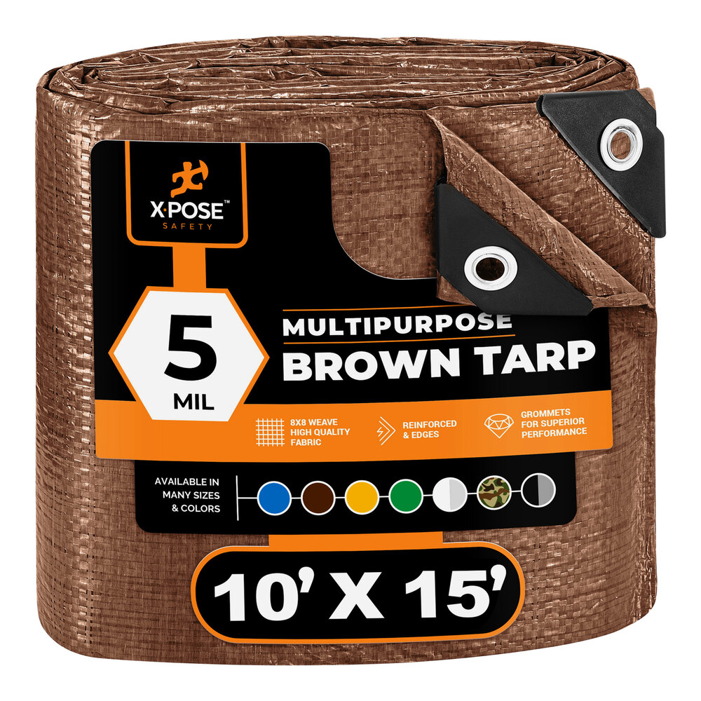 Xpose Safety 10' x 15' Brown Weather-Resistant 5 Mil Multipurpose Polyethylene Tarp BRT-1015-X