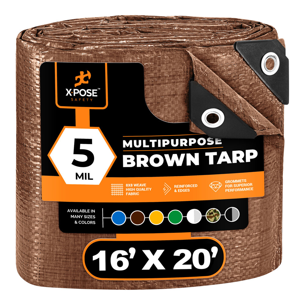 Xpose Safety 16' x 20' Brown Weather-Resistant 5 Mil Multipurpose Polyethylene Tarp BRT-1620-X