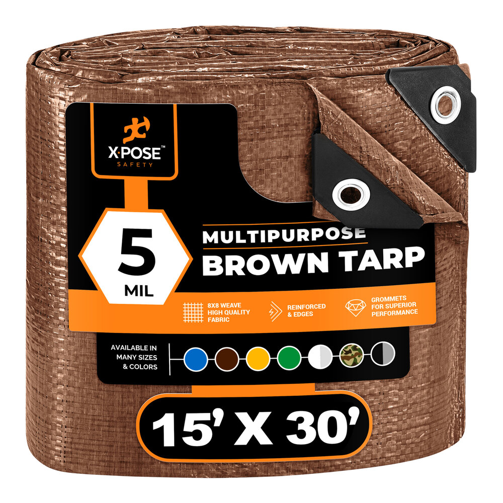 Xpose Safety 15' x 30' Brown Weather-Resistant 5 Mil Multipurpose Polyethylene Tarp BRT-1530-X