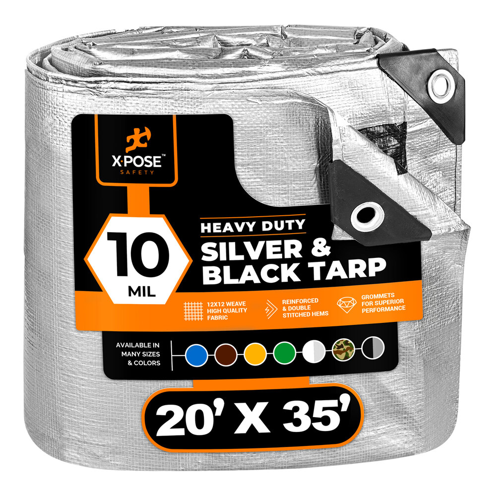 Xpose Safety 20' x 35' Silver / Black Heavy-Duty Weatherproof 10 Mil Multipurpose Polyethylene Tarp STH-2035-X