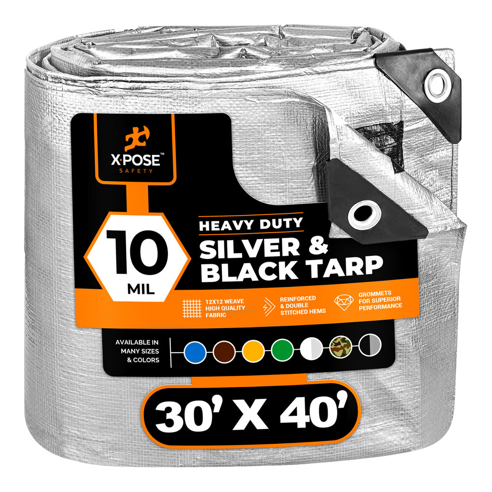Xpose Safety 30' x 40' Silver / Black Heavy-Duty Weatherproof 10 Mil Multipurpose Polyethylene Tarp STH-3040-X