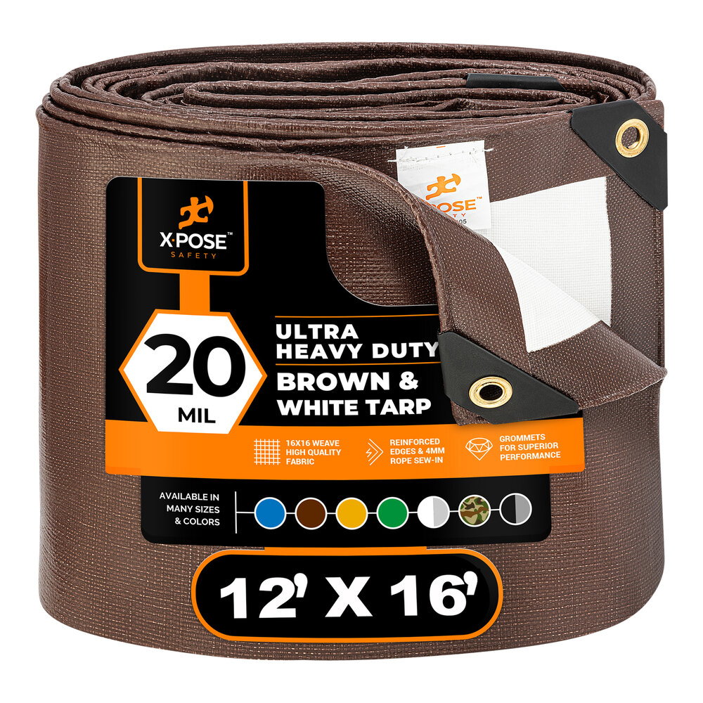 Xpose Safety 12' x 16' Brown / White Ultra Heavy-Duty Weatherproof 20 Mil Multipurpose Polyethylene Tarp UHD-1216-X