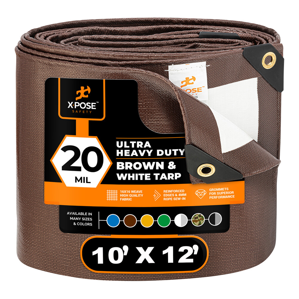 Xpose Safety 10' x 12' Brown / White Ultra Heavy-Duty Weatherproof 20 Mil Multipurpose Polyethylene Tarp UHD-1012-X