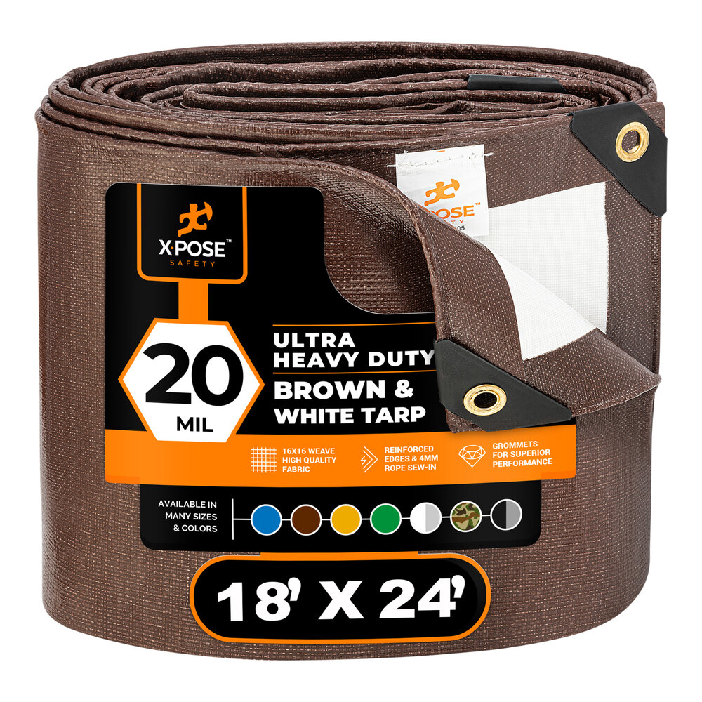 Xpose Safety 18' x 24' Brown / White Ultra Heavy-Duty Weatherproof 20 Mil Multipurpose Polyethylene Tarp UHD-1824-X