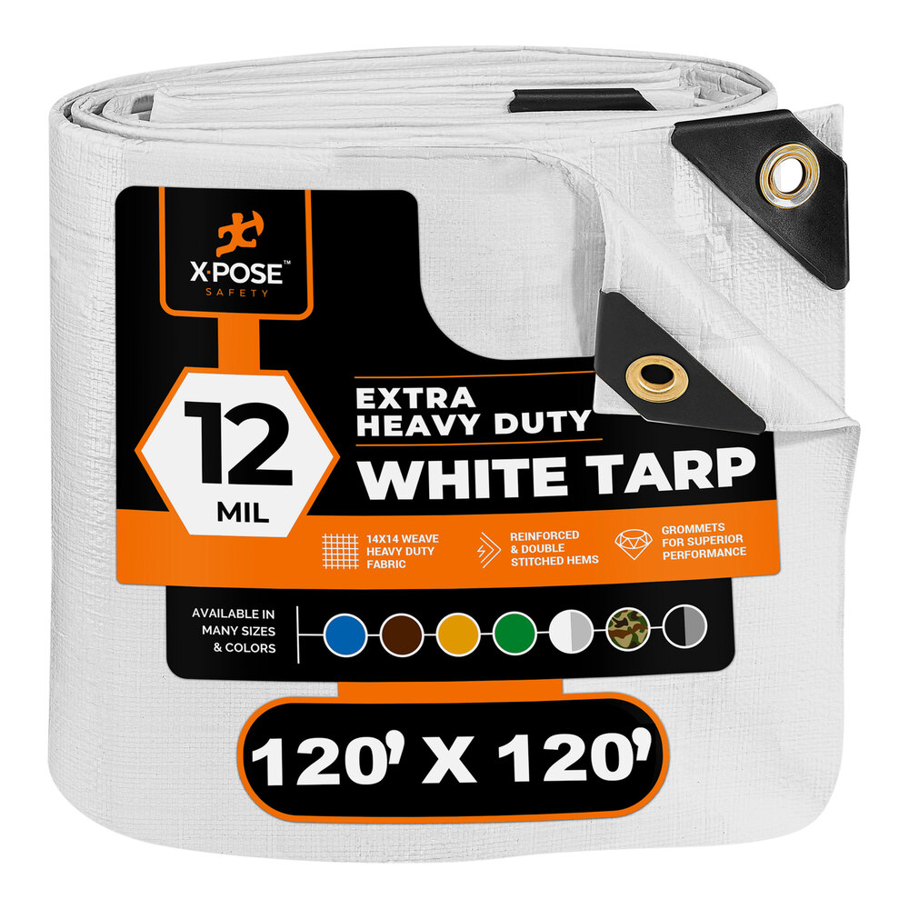 Xpose Safety 120' x 120' White Extra Heavy-Duty Weatherproof 12 Mil Multipurpose Polyethylene Tarp WHD-120120-X