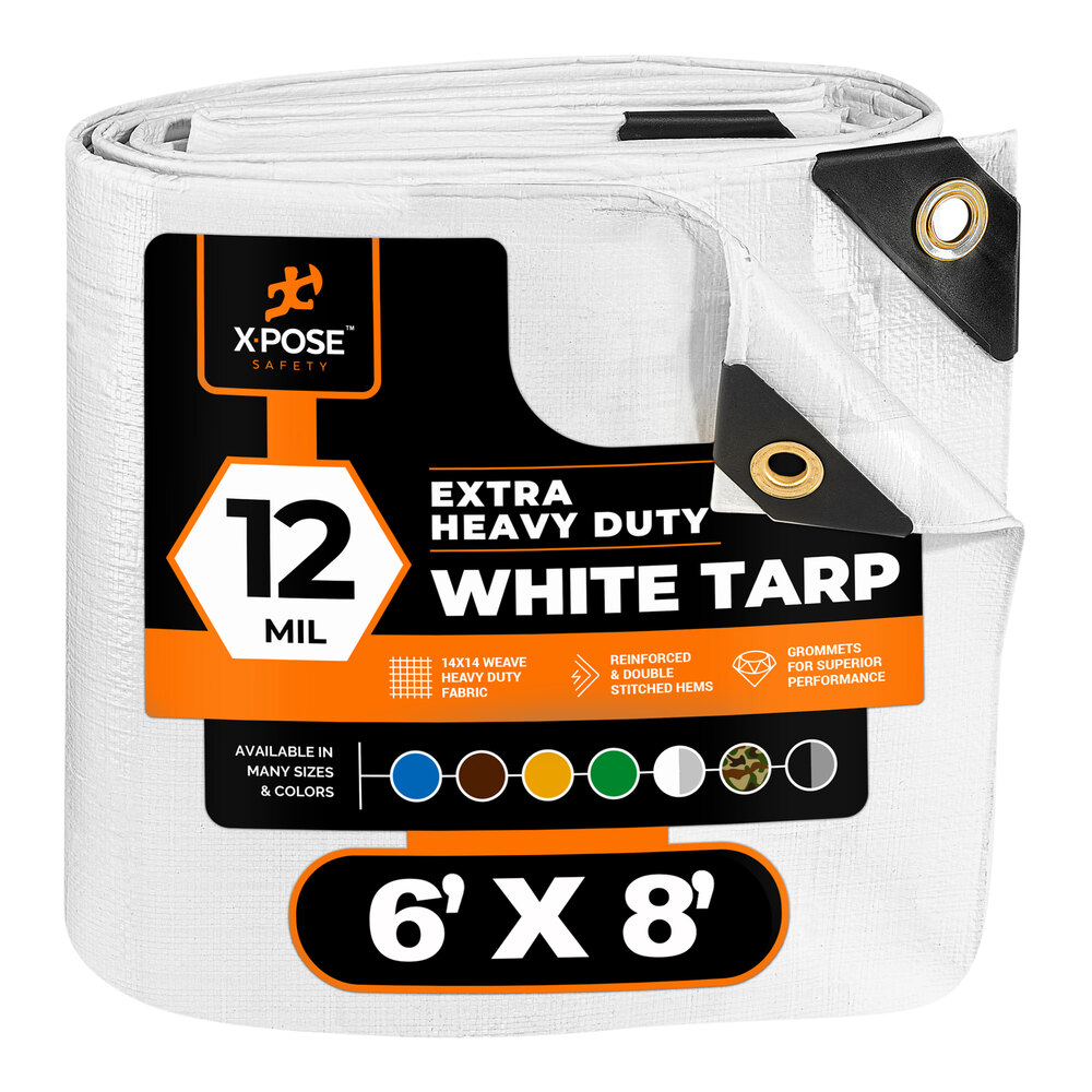 Xpose Safety 6' x 8' White Extra Heavy-Duty Weatherproof 12 Mil Multipurpose Polyethylene Tarp WHD-68-X-N