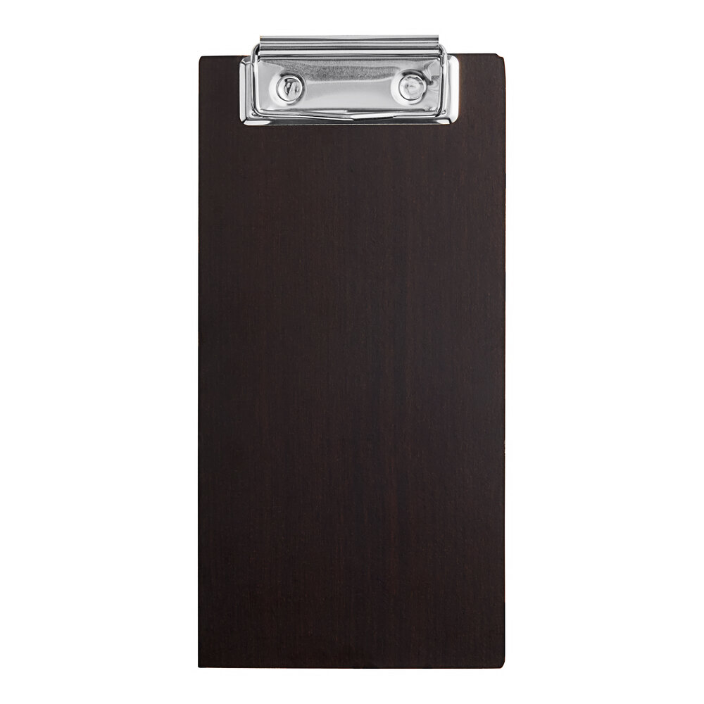 Choice 4" x 8" Customizable Dark Wood Color Menu Holder / Check Presenter with Clip