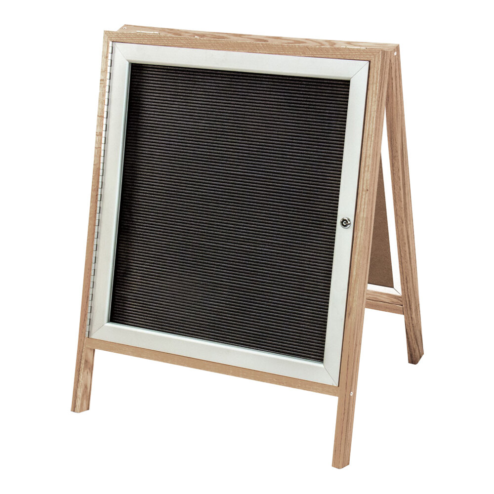 United Visual Products 24" x 30" Black Letterboard A-Frame Sign with Light Oak Frame and Aluminum Door