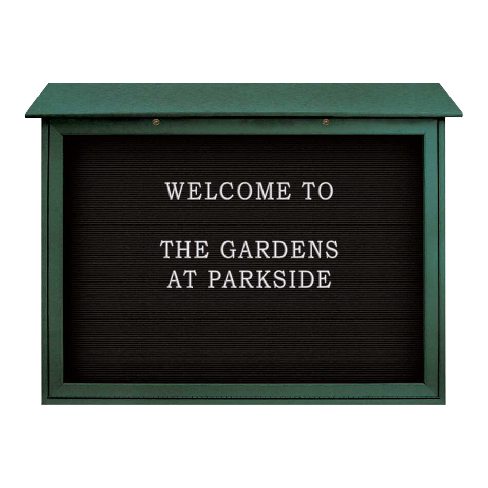 United Visual Products 45" x 36" Double-Sided Bottom Hinge Message Center with Black Felt Letterboard and Woodland Green Recycled Plastic Frame