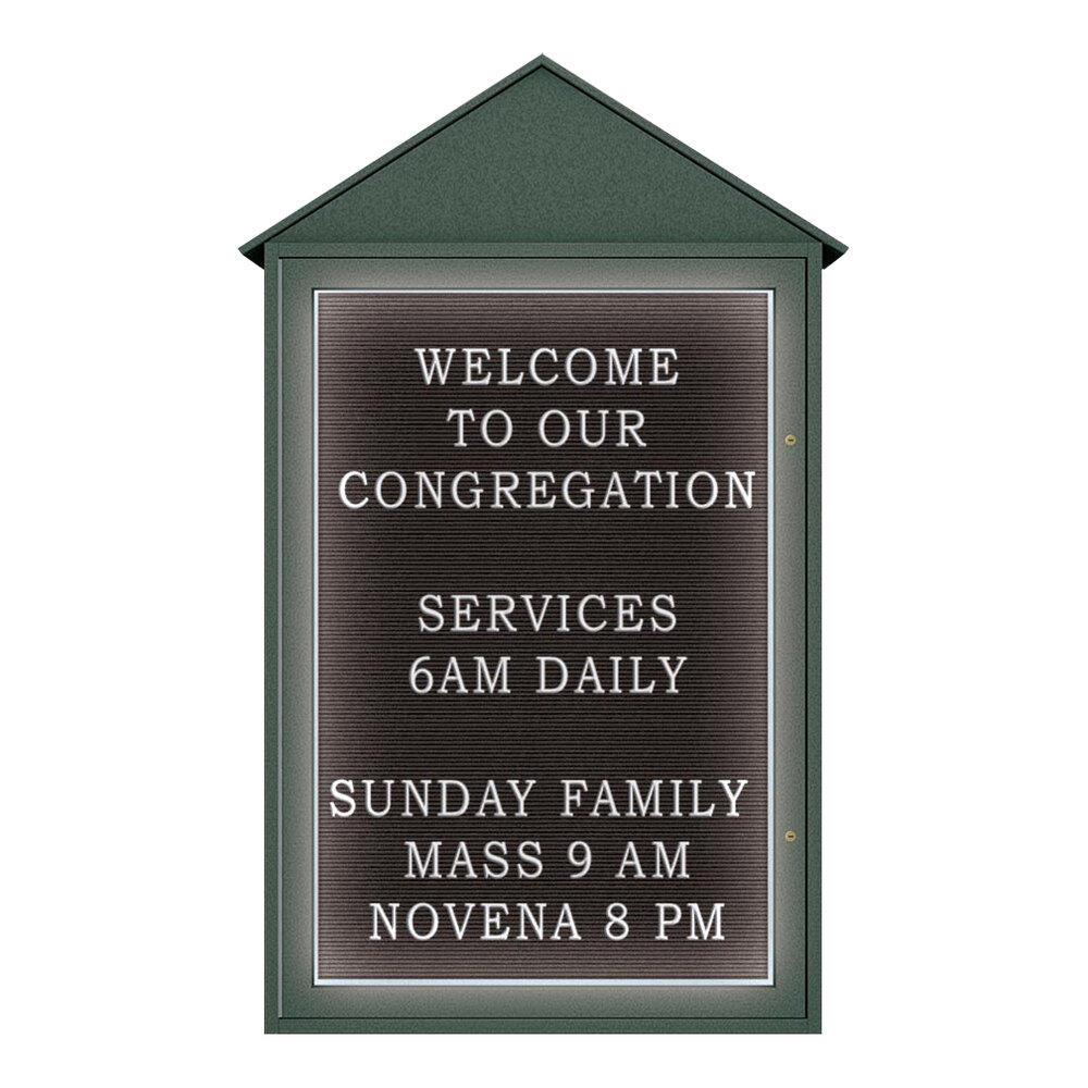 United Visual Products 28" x 48" Single-Sided Enclosed Outdoor LED Cathedral Message Center with Black Felt Letterboard and Woodland Green Recycled Plastic Frame