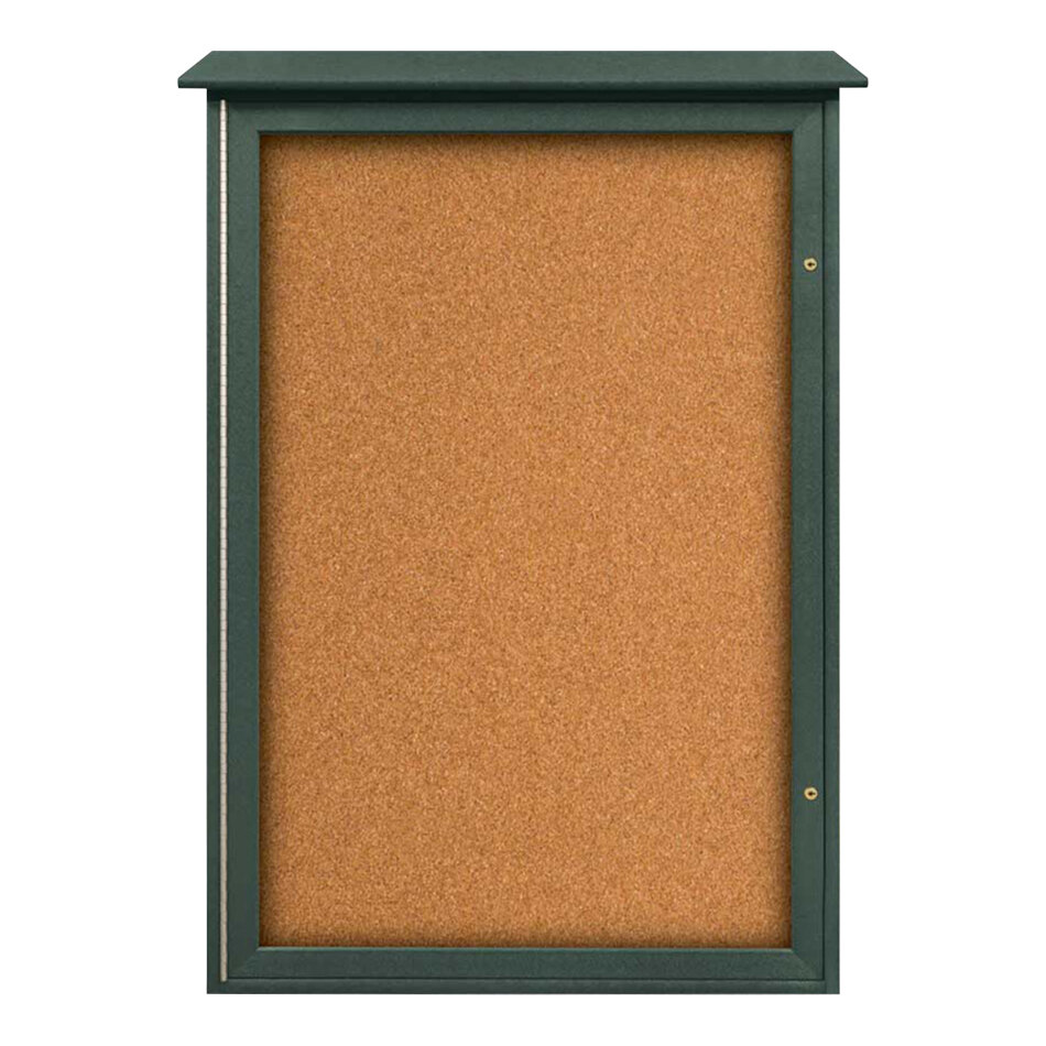 United Visual Products 32" x 48" Single Door Message Center with Corkboard and Woodland Green Recycled Plastic Frame